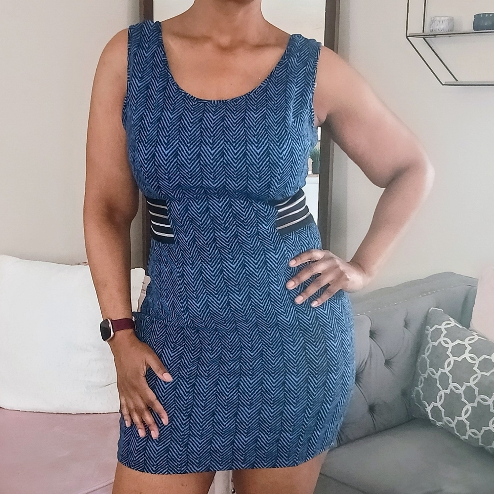 Fashion to Figure Navy Chevron Mini Dress with Black Waist Stripes